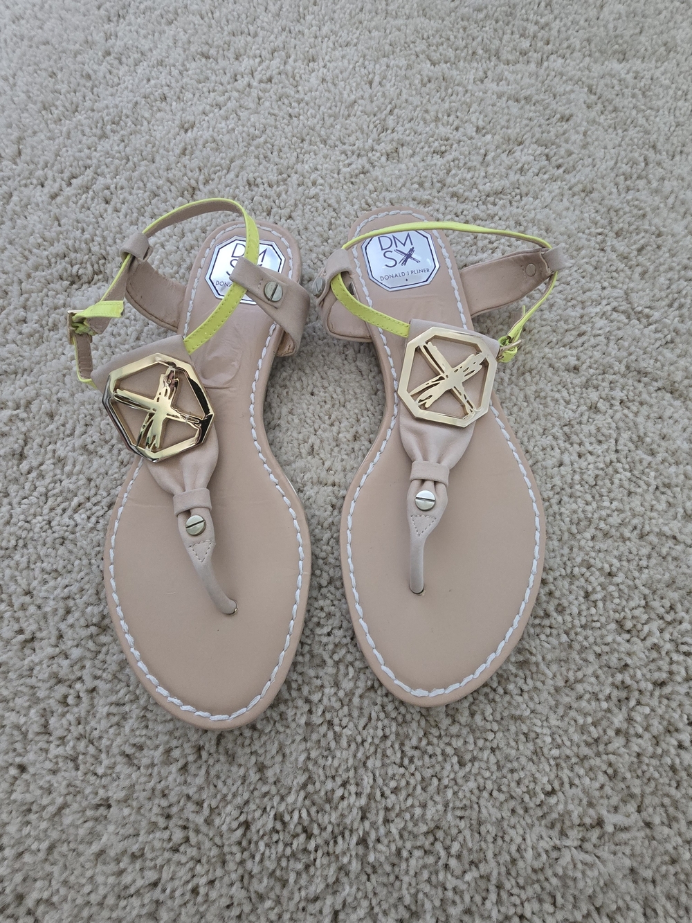 DV By Donald J Pliner Beige and Chartruse T-Strap Sandals